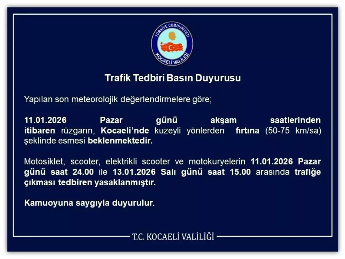 Kocaeli'de motosiklet, scooter ve motokuryelerin trafiğe çıkışı yasaklandı
