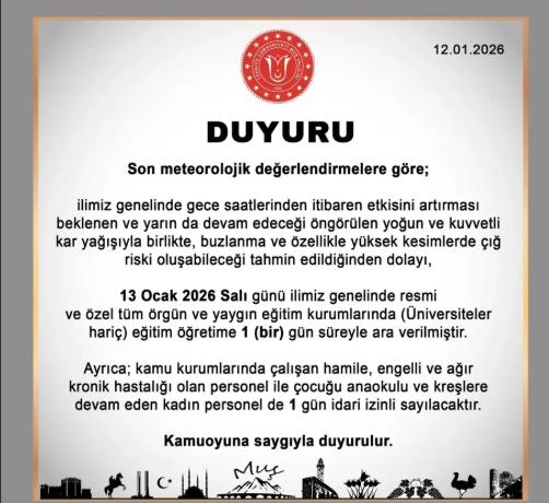 Muş okullar tatil mi, 13 Ocak Salı Muş'ta okul yok mu (MUŞ VALİLİĞİ - KAR TATİLİ)? Muş okullar tatil mi, 13 Ocak Salı Muş'ta okul yok mu (MUŞ VALİLİĞİ - KAR TATİLİ)?