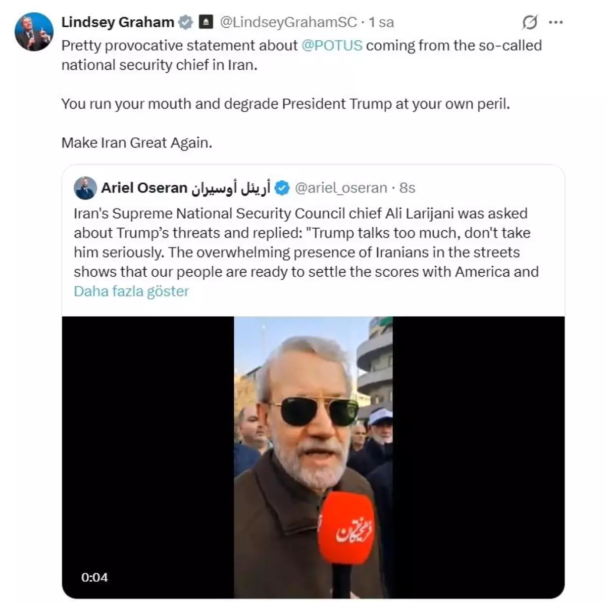 ABD'li Senatör Graham'dan İran'ın dini lideri Hamaney'in rejim yanlısı gösterileri ABD'ye uyarı olarak nit...