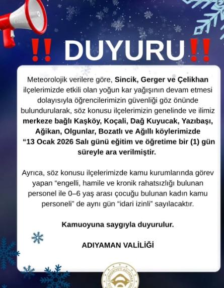 Adıyaman okullar tatil mi, 13 Ocak Salı Adıyaman'da okul yok mu (Adıyaman VALİLİĞİ - KAR TATİLİ)? Adıyaman okullar tatil mi, 13 Ocak Salı Adıyaman'da okul yok mu (Adıyaman VALİLİĞİ - KAR TATİLİ)?