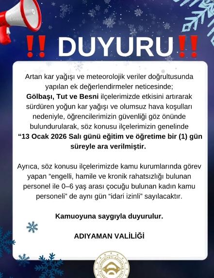 Adıyaman okullar tatil mi, 13 Ocak Salı Adıyaman'da okul yok mu (Adıyaman VALİLİĞİ - KAR TATİLİ)? Adıyaman okullar tatil mi, 13 Ocak Salı Adıyaman'da okul yok mu (Adıyaman VALİLİĞİ - KAR TATİLİ)?