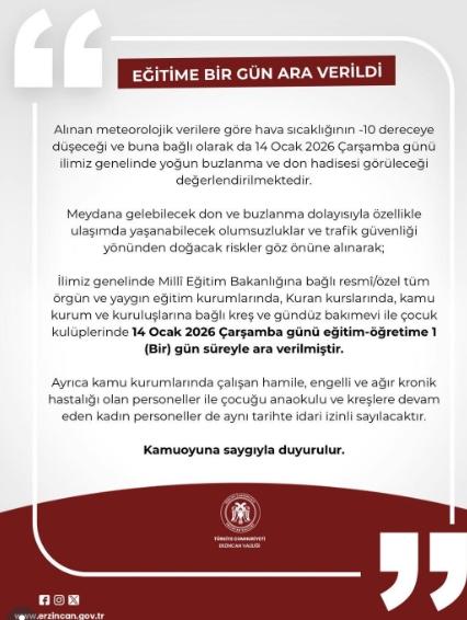 Erzincan okullar tatil mi, 14 Ocak Çarşamba Erzincan'da okul yok mu (ERZİNCAN VALİLİĞİ - KAR TATİLİ)? Erzincan okullar tatil mi, 14 Ocak Çarşamba Erzincan'da okul yok mu (ERZİNCAN VALİLİĞİ - KAR TATİLİ)?