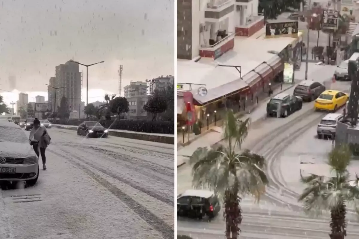 Mersin'de dolu yağışıyla sokaklar beyaza büründü