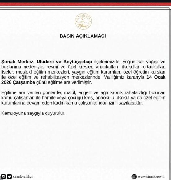 Şırnak okullar tatil mi, 14 Ocak Çarşamba Şırnak'ta okul yok mu (ŞIRNAK VALİLİĞİ - KAR TATİLİ)? Şırnak okullar tatil mi, 14 Ocak Çarşamba Şırnak'ta okul yok mu (ŞIRNAK VALİLİĞİ - KAR TATİLİ)?