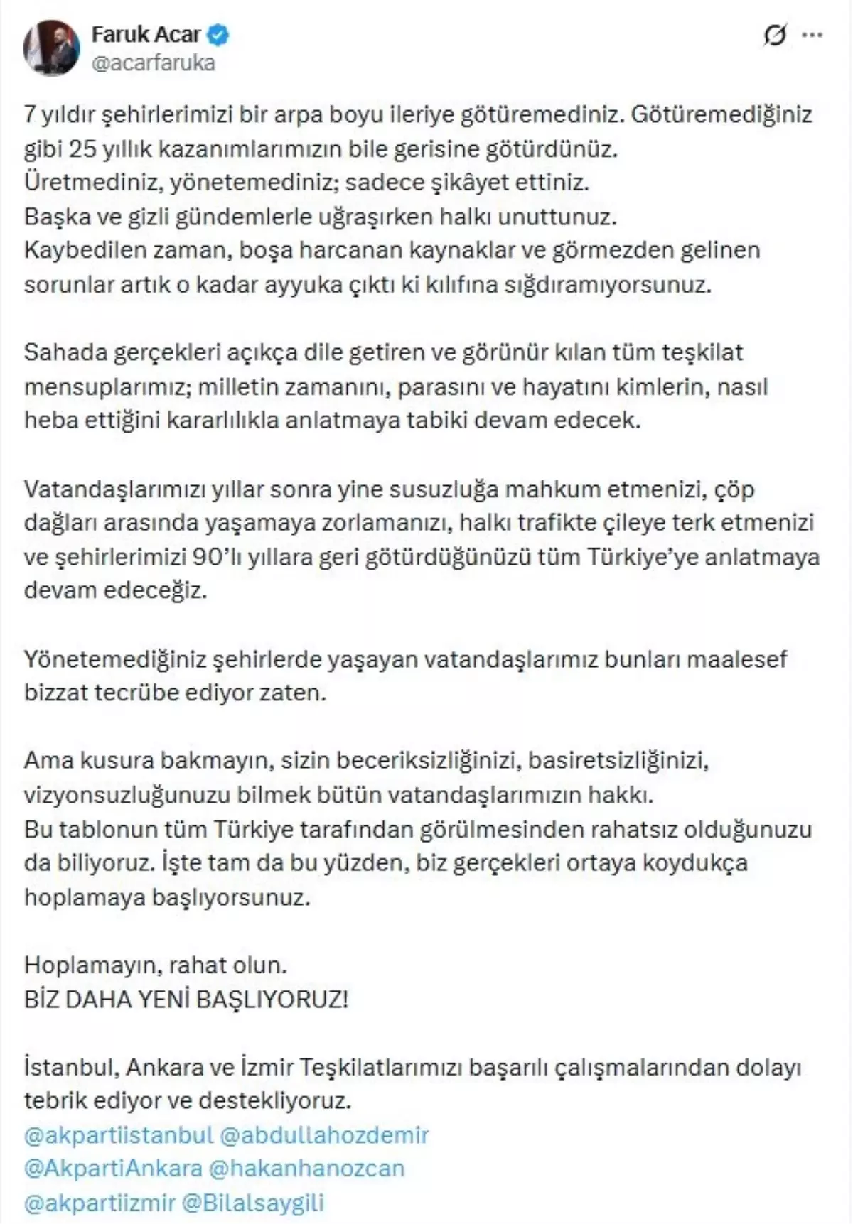 AK Parti'li Acar: Şehirlerimizi 90'lı yıllara döndürdüğünüzü anlatmaya devam edeceğiz