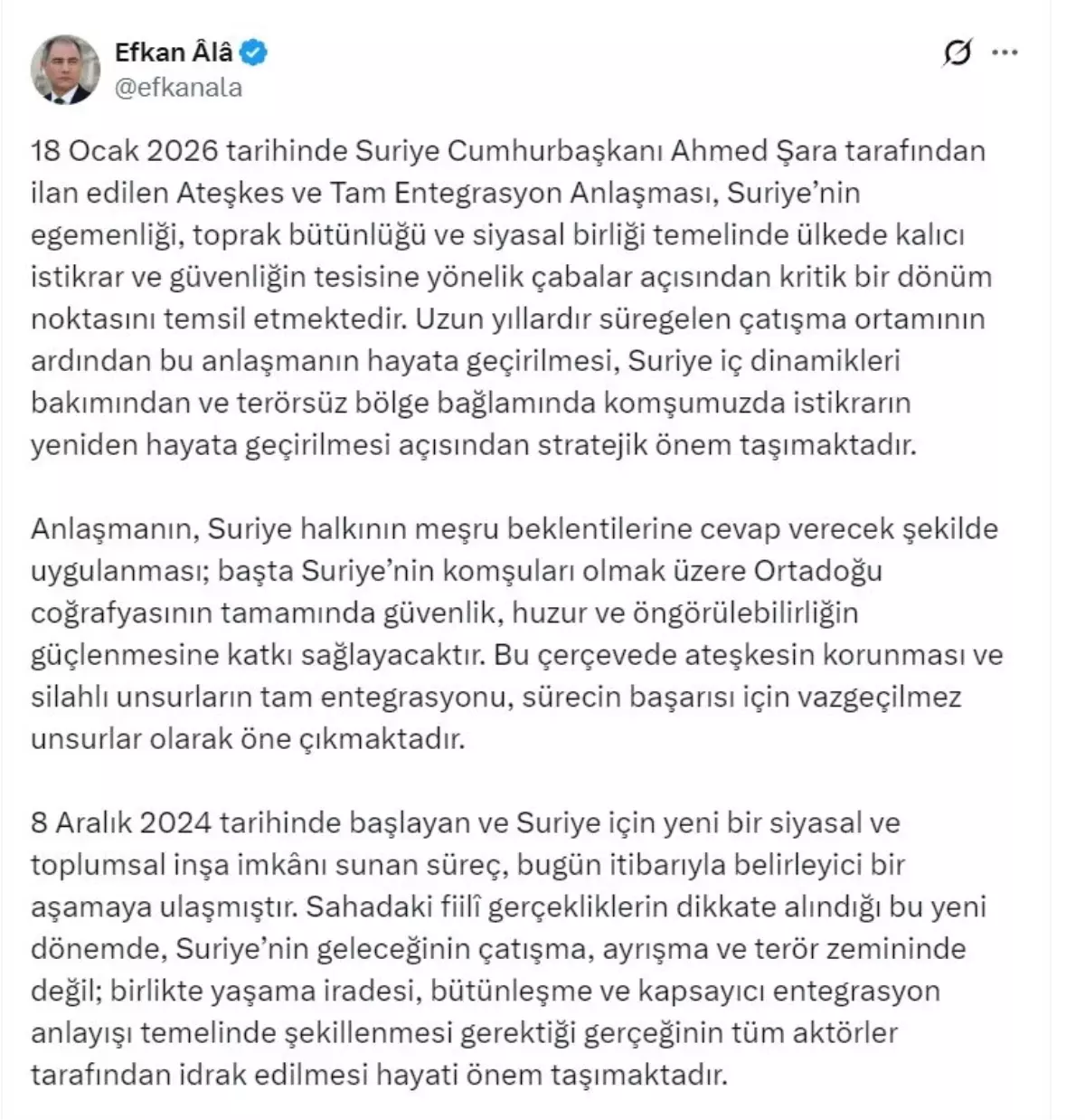 Efkan Ala: Türkiye, Suriye'deki halkın rızasına dayalı çabaları güçlü biçimde destekliyor