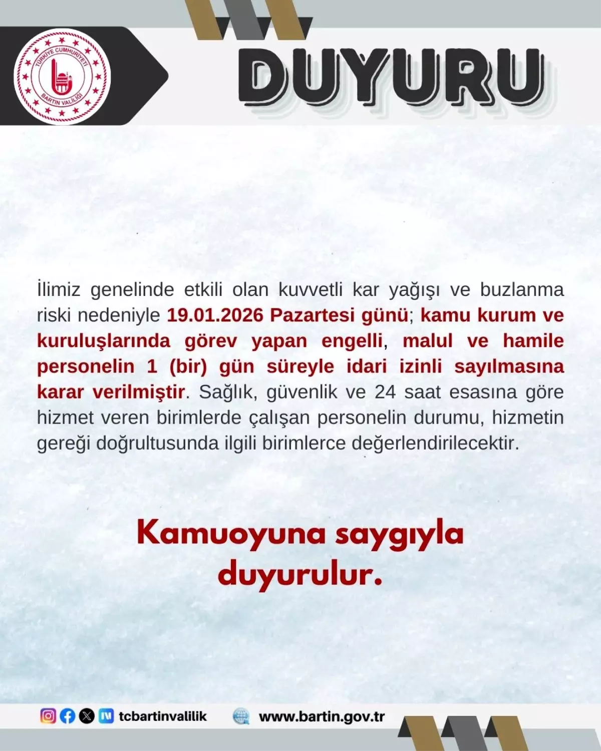 Bartın'da kamu çalışanlarına kar tatili