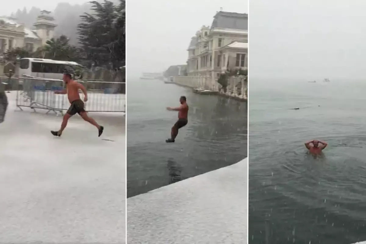 Kar yağışına aldırış etmedi: -6 derecede deniz keyfi