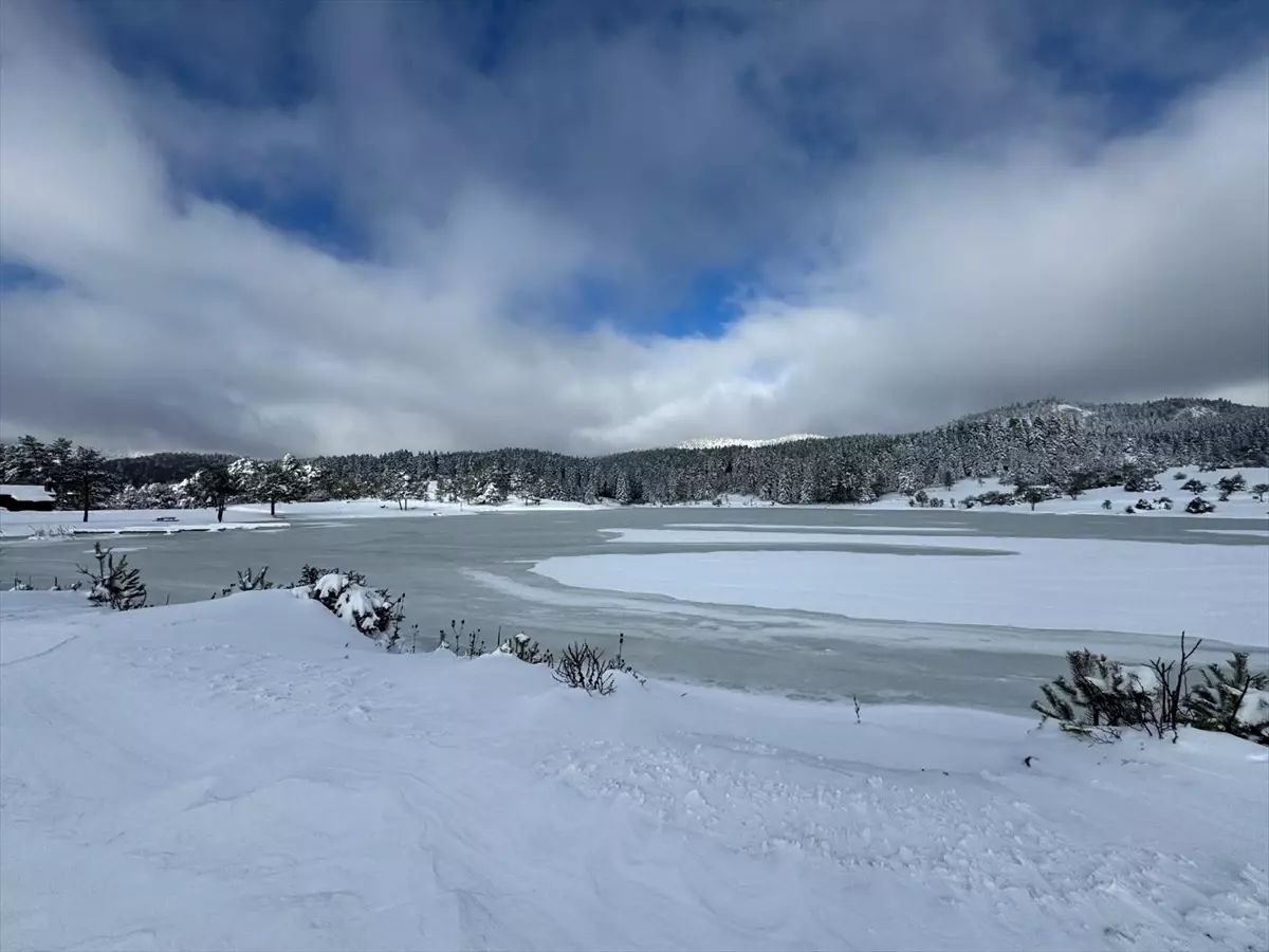 Sakarya'da Karagöl Yaylası'ndaki göletin yüzeyi buz tuttu
