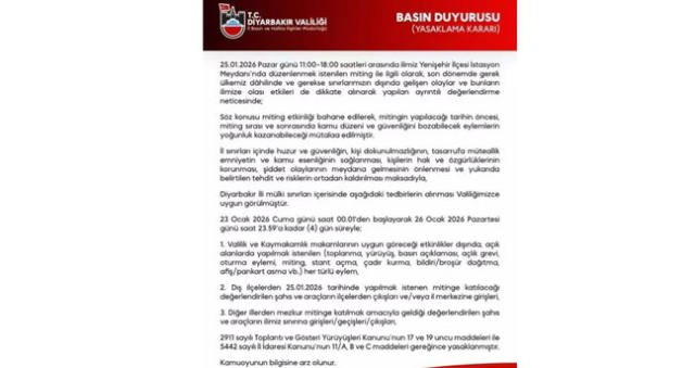 Diyarbakır'da gösteri ve yürüyüşler yasaklandı mı? Diyarbakır'da gösteriler kaç gün yasaklandı?