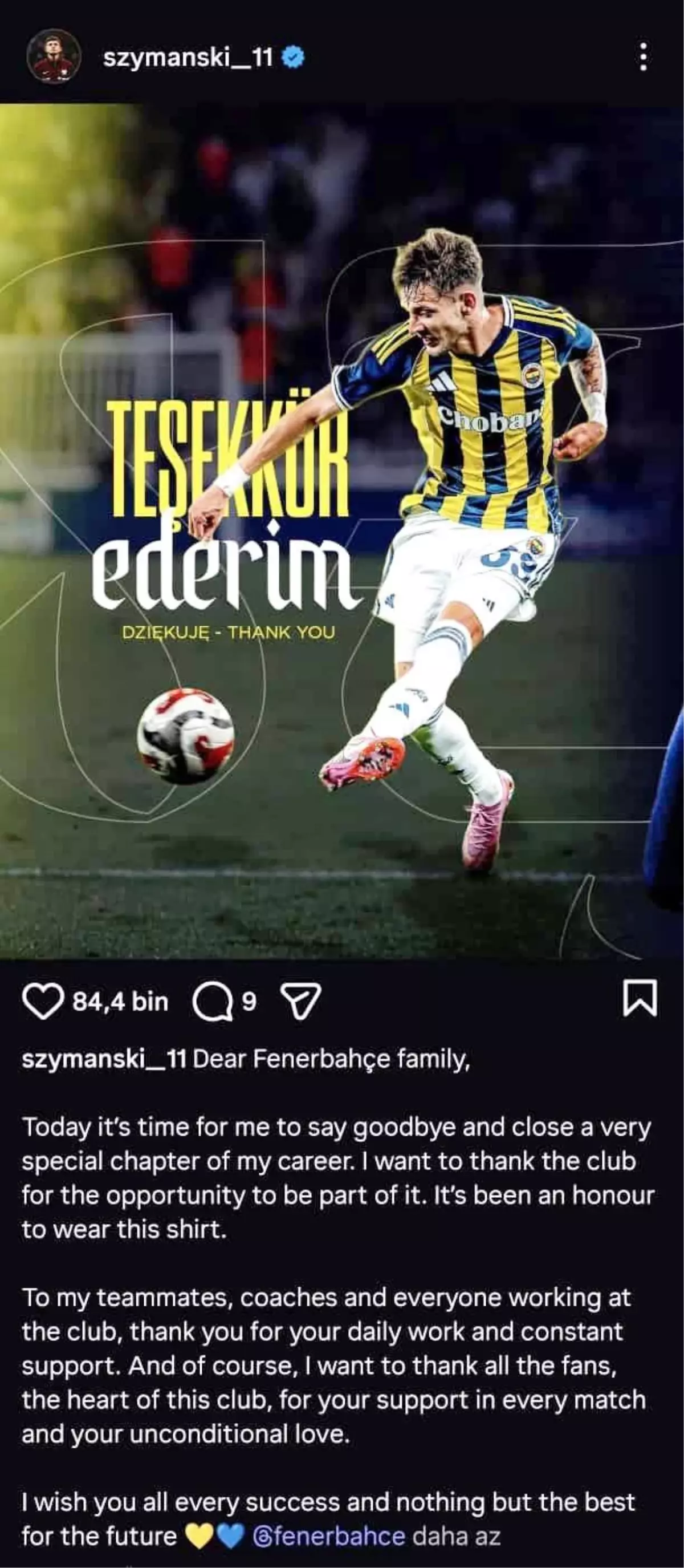 Szymanski, Fenerbahçe'ye veda etti