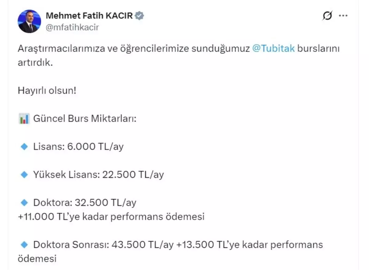 TÜBİTAK Bursları Arttırıldı