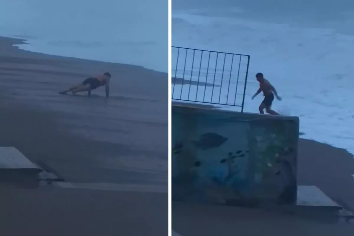 Sahilde şınav çekti, 2 metrelik dalgaları görünce koşarak kaçtı