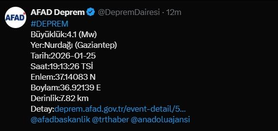 Gaziantep deprem mi oldu? 25 Ocak Pazar Gaziantep deprem şiddeti kaç, deprem nerede oldu?