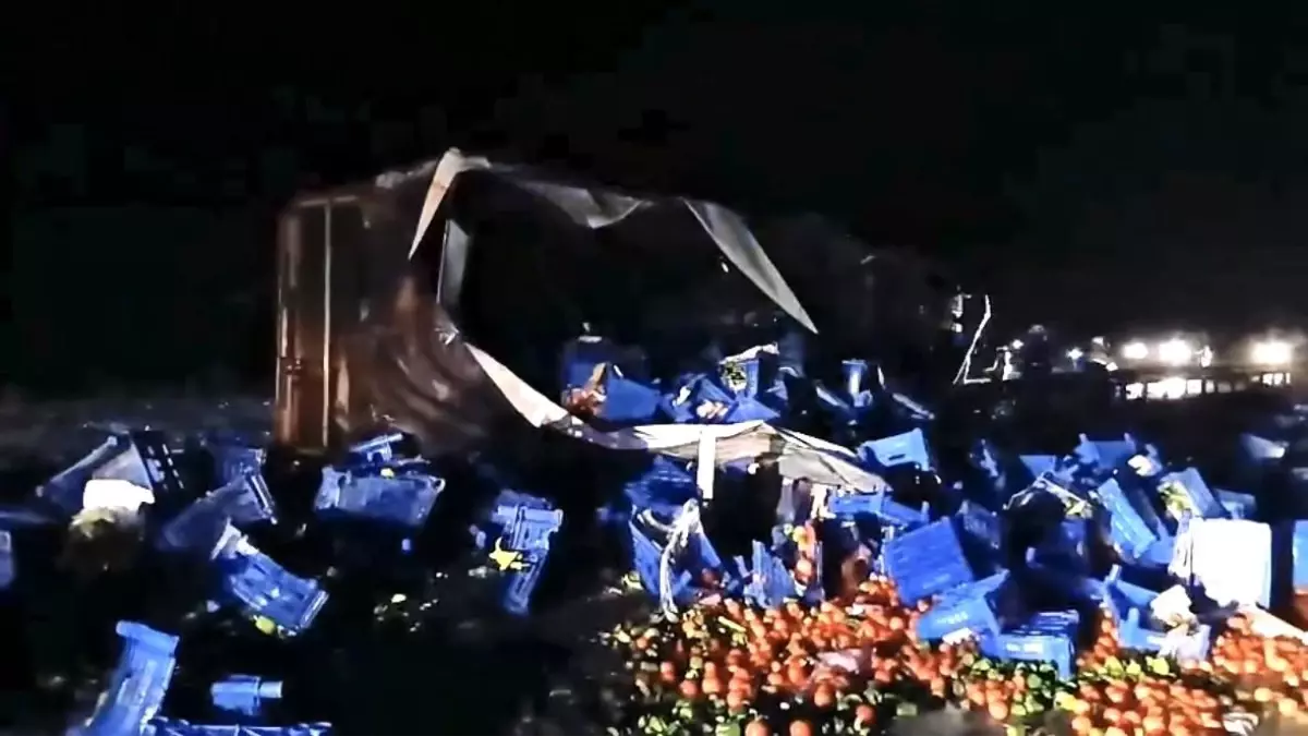 Kütahya-Eskişehir karayolunda meyve yüklü tır devrildi