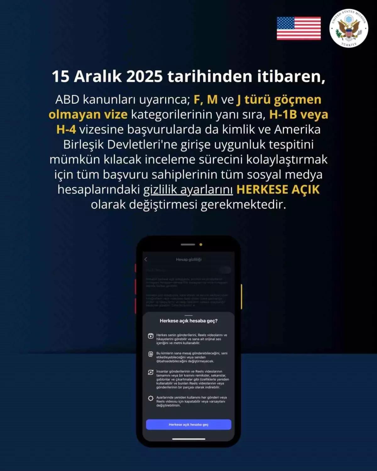 ABD Büyükelçiliği: "Vize başvurusu yapacak kişilerin sosyal medya hesaplarını herkese açık hale getirmesi ...