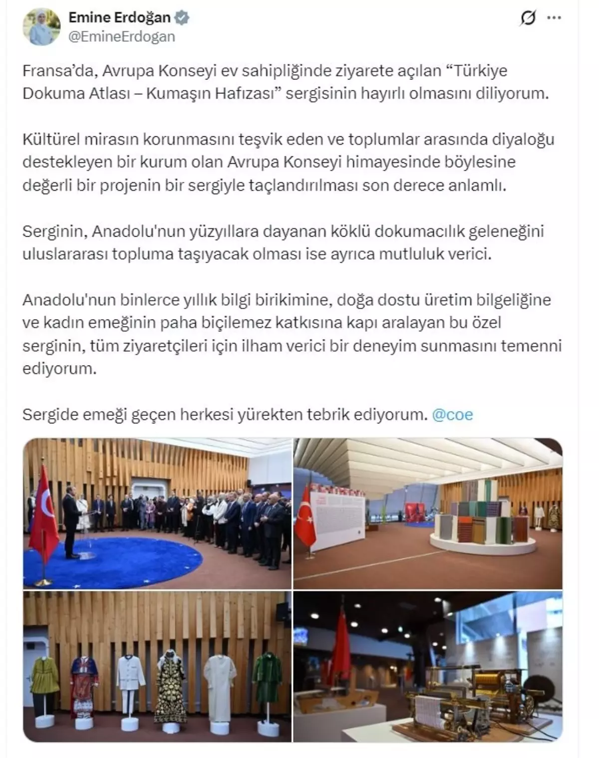 Emine Erdoğan'dan Fransa'daki 'Türkiye Dokuma Atlası-Kumaşın Hafızası' sergisine ilişkin paylaşım
