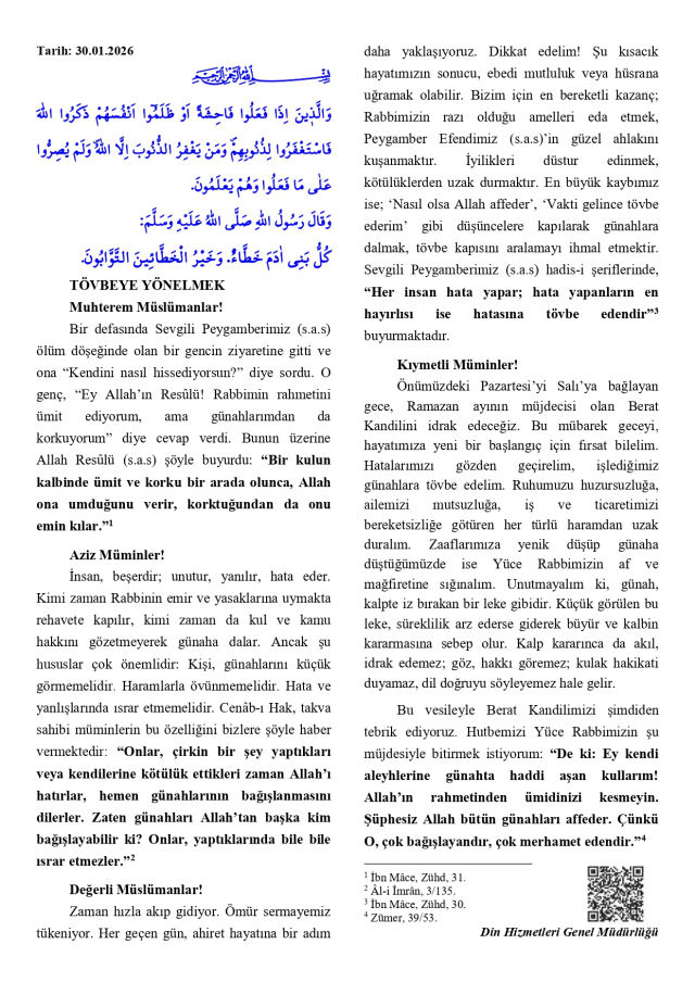 30 Ocak Cuma Hutbesi yayınlandı mı? 30 Ocak Cuma Hutbesi tam metni!