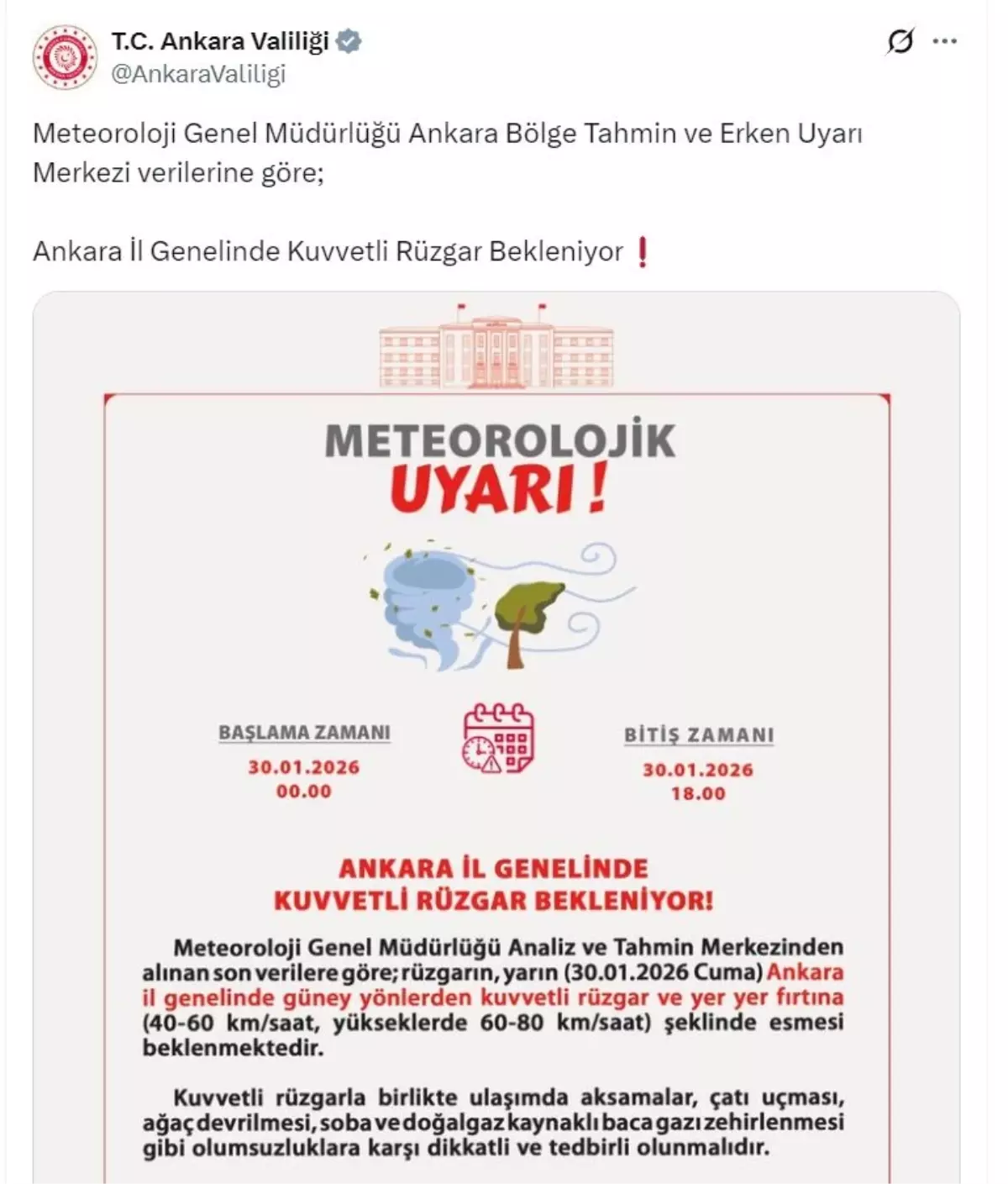 Ankara Valiliği'nden 'fırtına' uyarısı