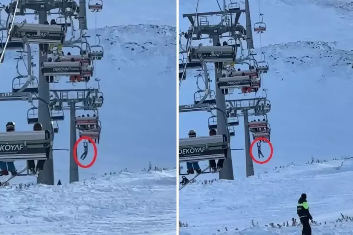 Düşen snowboardını almak için atlamaya çalıştı, telesiyejde asılı kaldı! O anlar kamerada