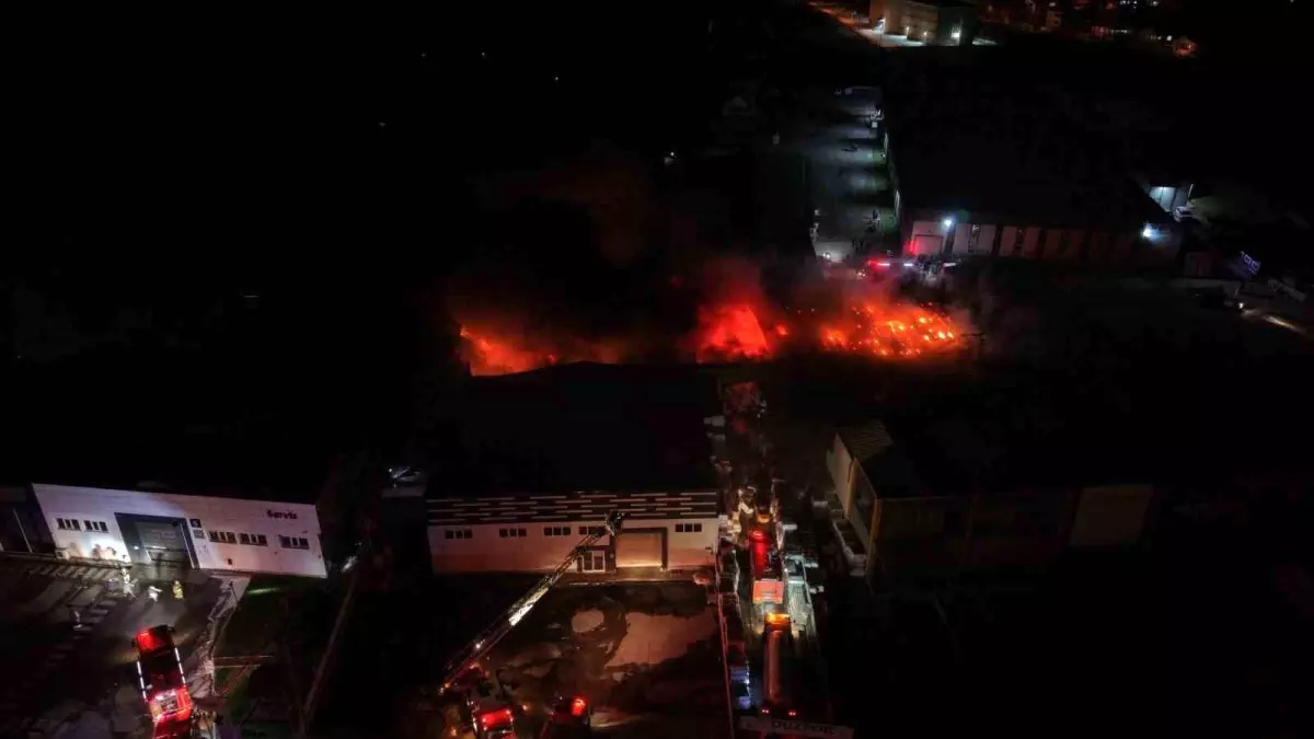 Düzce'deki fabrika yangını havadan görüntülendi