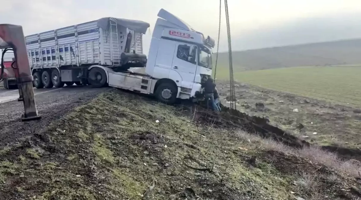 Mardin'de kontrolden çıkan tır yol kenarına savruldu