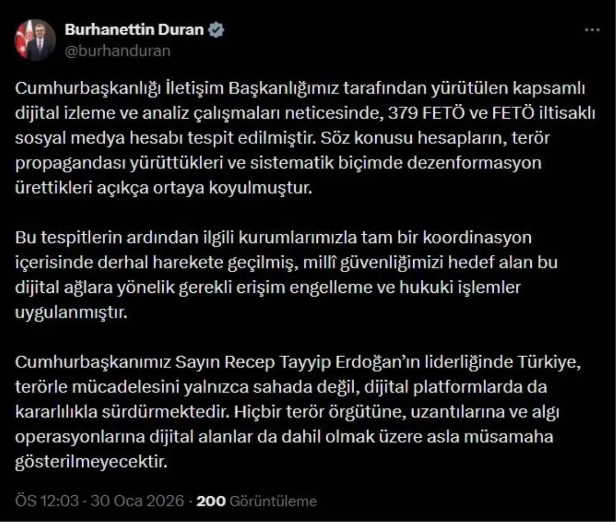 Cumhurbaşkanlığı İletişim Başkanlığı: 379 FETÖ ve FETÖ iltisaklı sosyal medya hesabı tespit edildi