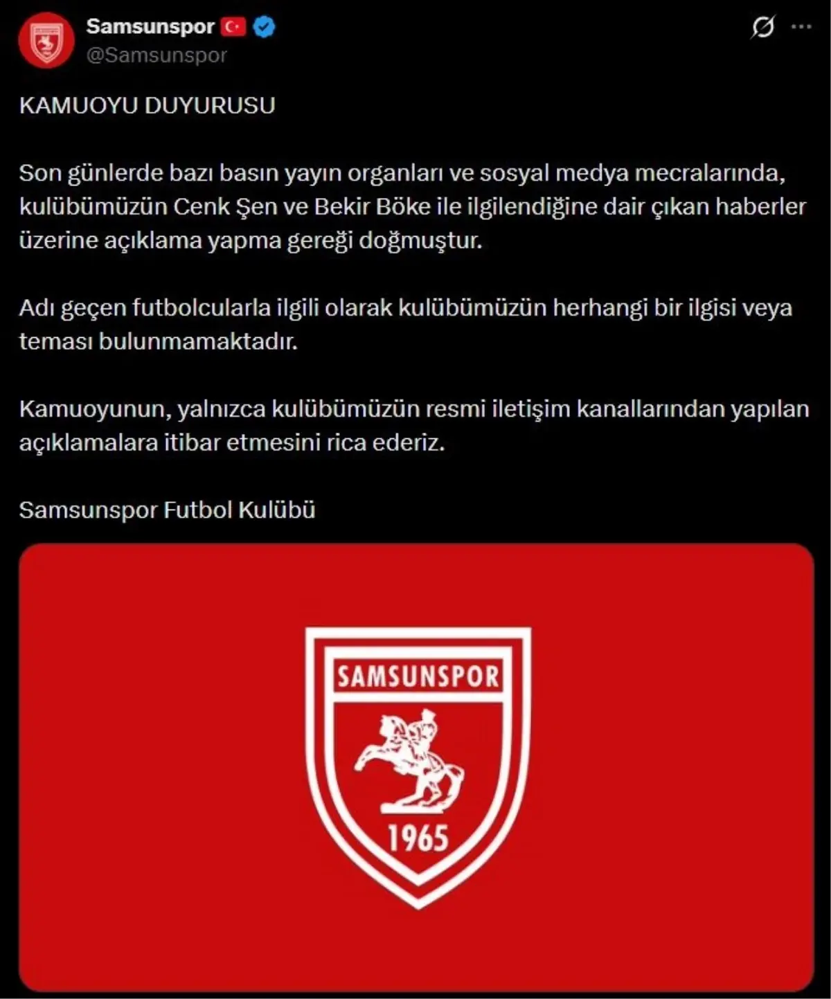 Samsunspor, Cenk Şen ve Bekir Böke haberlerini yalanladı