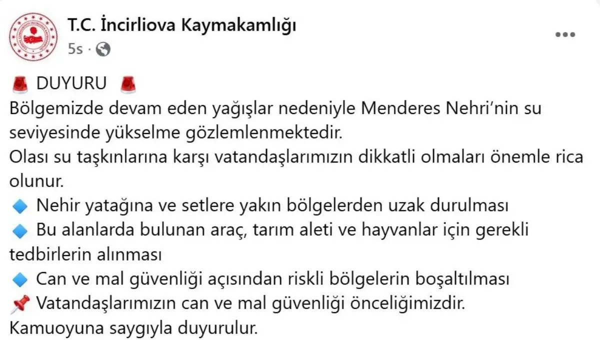 Büyük Menderes'in su seviyesi yükseldi; taşkın riski tedirgin etti