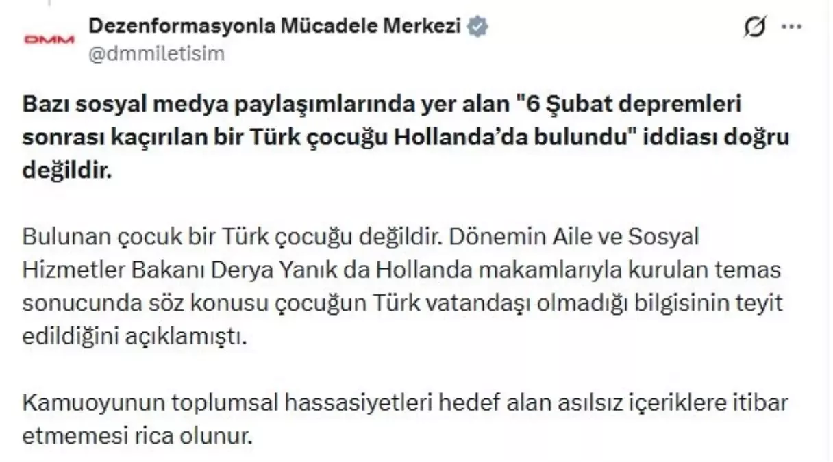 Dezenformasyonla Mücadele Merkezi'nden 'Türk Çocuğu Kaçırıldı' İddiasına Yalanlama