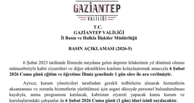 6 Şubat Gaziantep'de okullar tatil mi? Cuma günü Gaziantep'de okul var mı, yok mu?