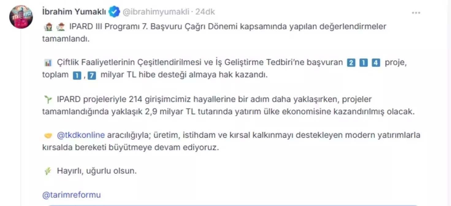 Bakan Yumaklı: IPARD 3 Programı 7'nci çağrı dönemi değerlendirmeleri tamamlandı