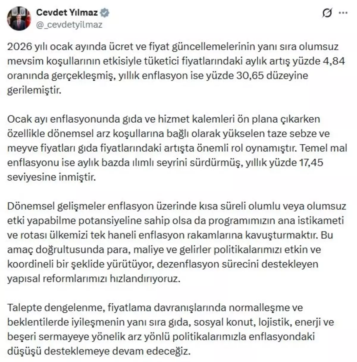 Cevdet Yılmaz: Programımızın ana istikameti ülkemizi tek haneli enflasyona kavuşturmak