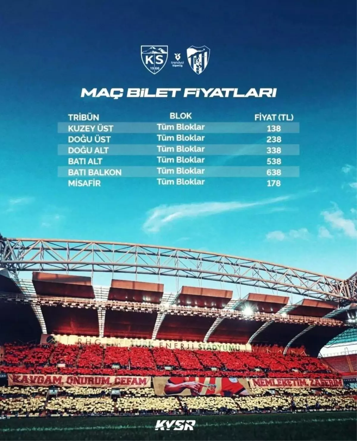 Kayserispor-Kocaelispor maçının bilet fiyatları belli oldu