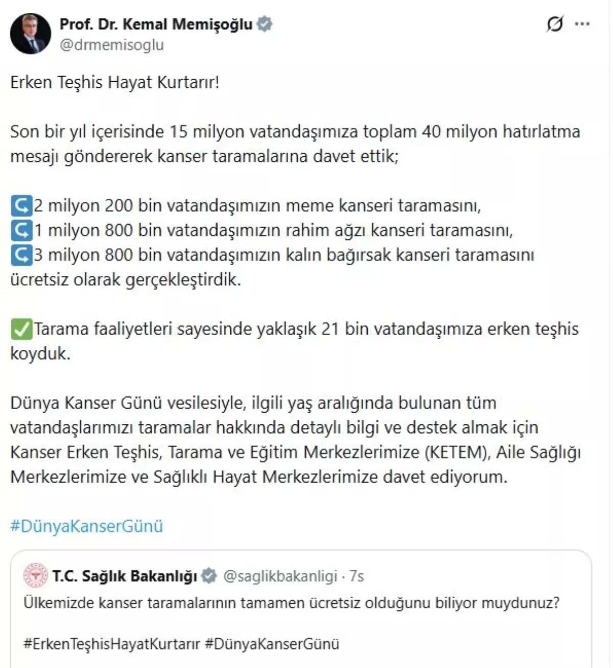 Bakan Memişoğlu'ndan, '4 Şubat Dünya Kanser Günü' paylaşımı
