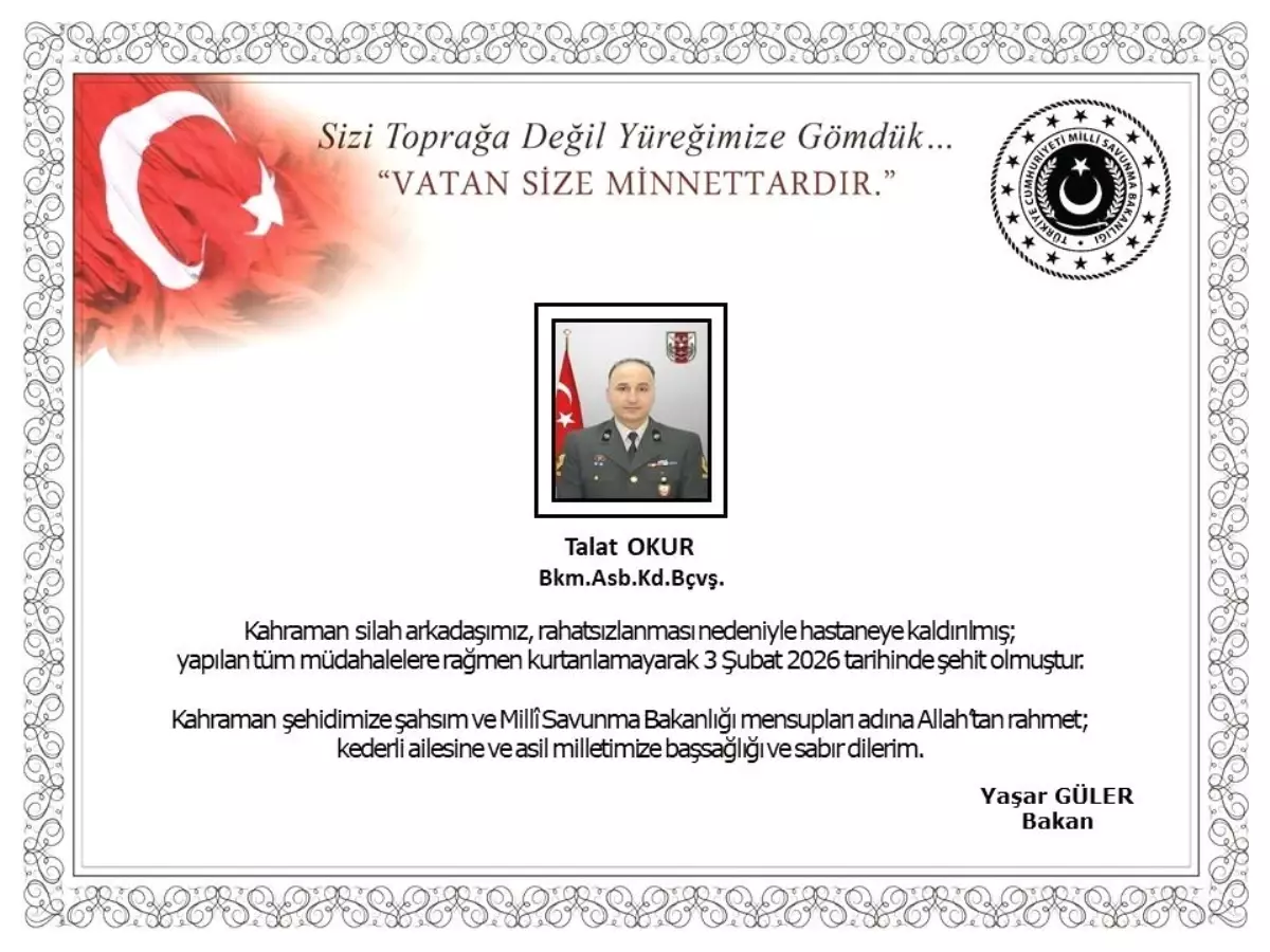 MSB, Bakım Astsubay Kıdemli Başçavuş Talat Okur'un şehit olduğunu açıkladı