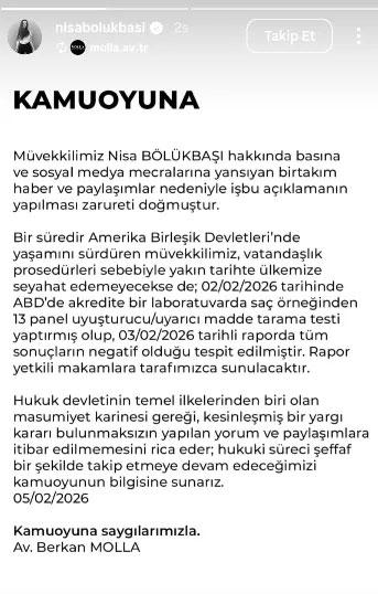 Hakkında yakalama kararı bulunan Survivor şampiyonu Nisa Bölükbaşı, uyuşturucu testi sonucunu paylaştı