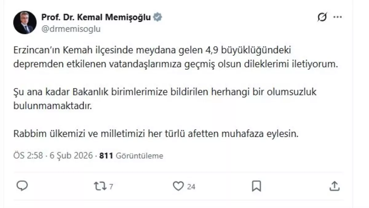 Erzincan'da 4.9 büyüklüğünde deprem