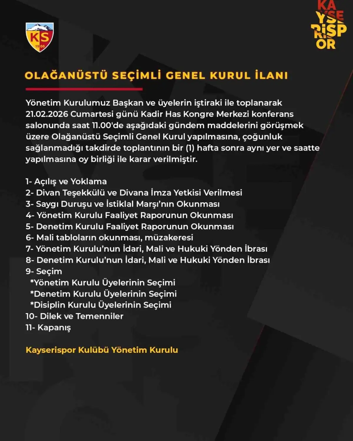 Kayserispor'un genel kurulu 21 Şubat'ta