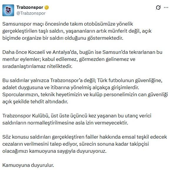 Stone attack on Trabzonspor team bus in Samsun: The safety of our athletes is under threat