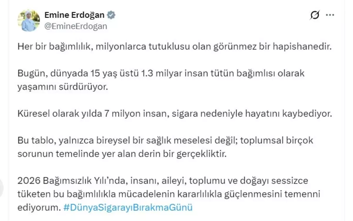 Emine Erdoğan: Sigara, toplumsal birçok sorunun temelinde yer alan derin bir gerçekliktir