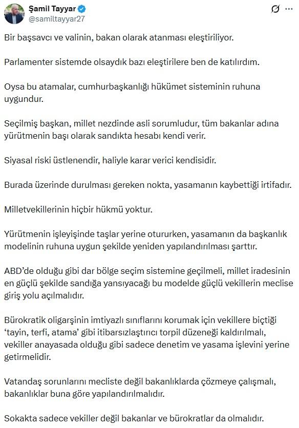 Criticism of the 'presidential' system that will be widely discussed by Tayyar from the AK Party