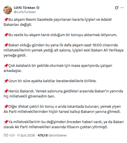 Noteworthy detail about Ali Yerlikaya: Last night in the Parliament, none of them went to him