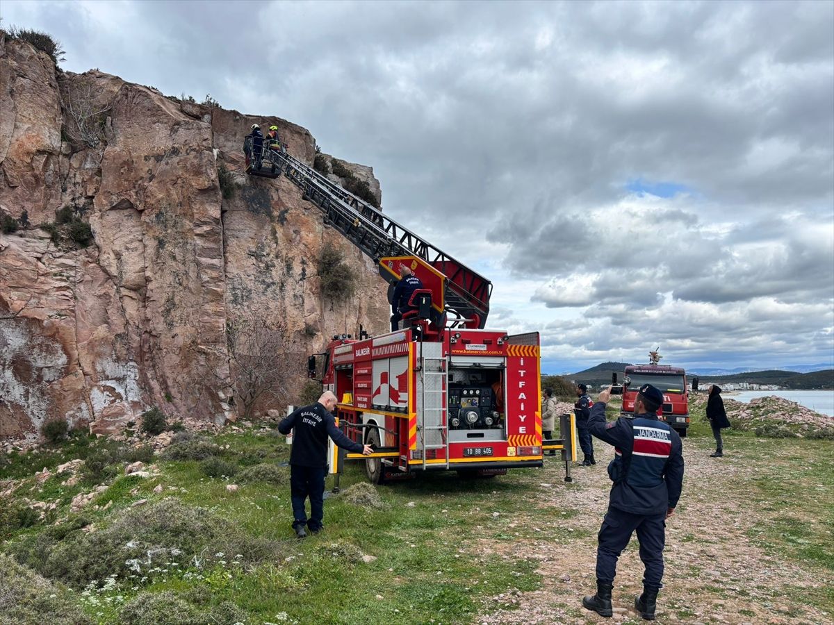 Balıkesir'de kayalıklarda mahsur kalan keçiyi itfaiye kurtardı