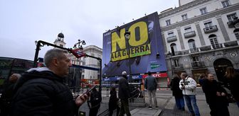 Çevre örgütü Greenpeace Madrid'in merkezinde 'Savaşa hayır' pankartı açtı
