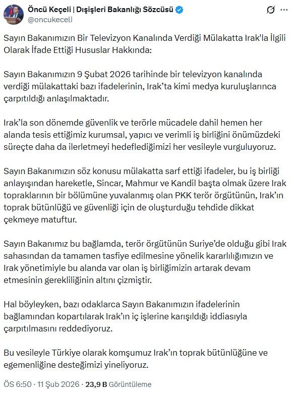 Ministry Spokesperson Keçeli: We reject the distortion of our Minister's statements by claiming interference in Iraq's internal affairs