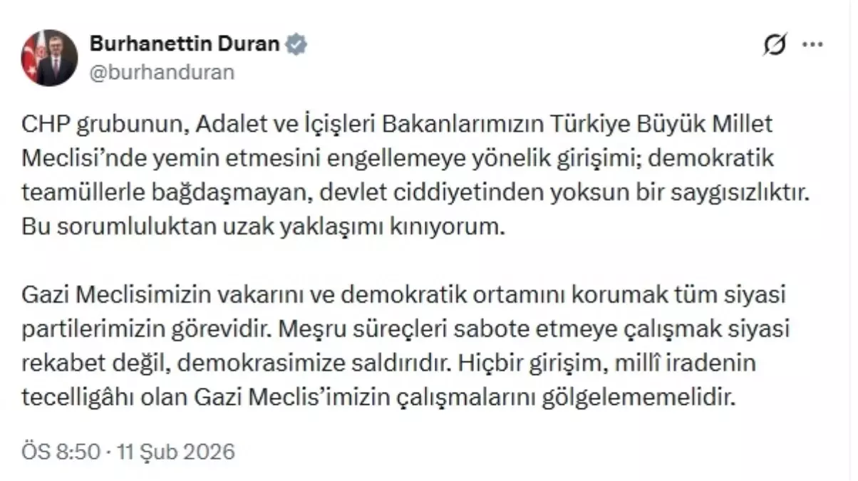 İletişim Başkanı Duran: CHP grubunun sorumluluktan uzak yaklaşımını kınıyorum