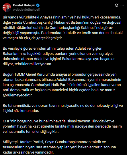 MHP leader Bahçeli: We stand behind and by our newly appointed ministers until the end