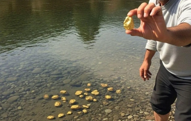 Gold is revealed in the riverbed, those who take their pans collect handfuls