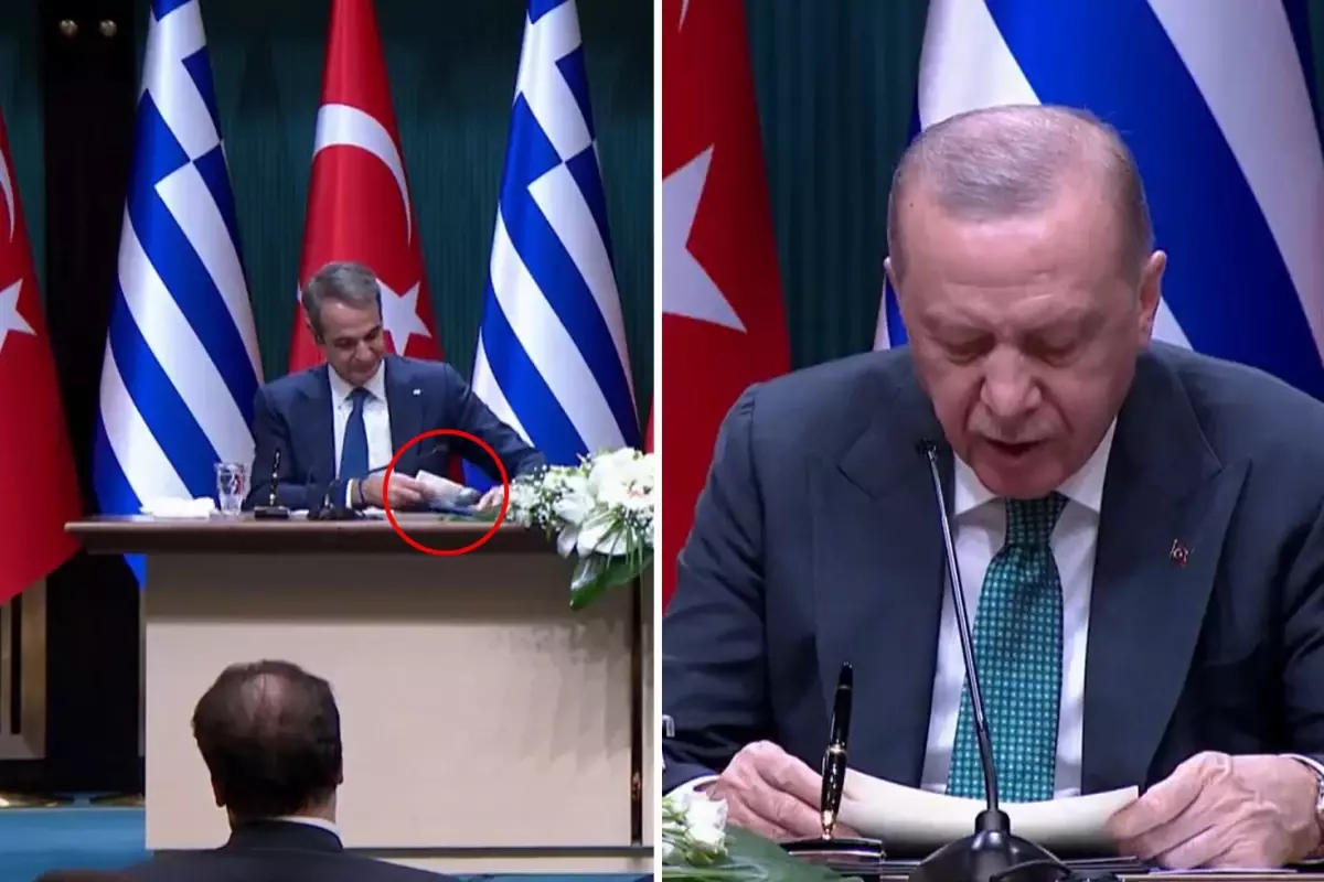 Cumhurbaşkanı Erdoğan'la görüşen Miçotakis'in hareketi basın toplantısına damga vurdu